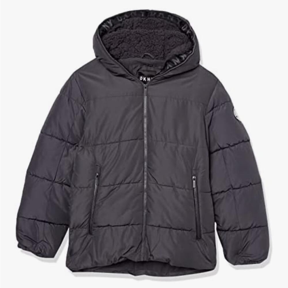 NWT DKNY Boys' Sherpa Hood Insulated Jacket Charcoal Black Size 7